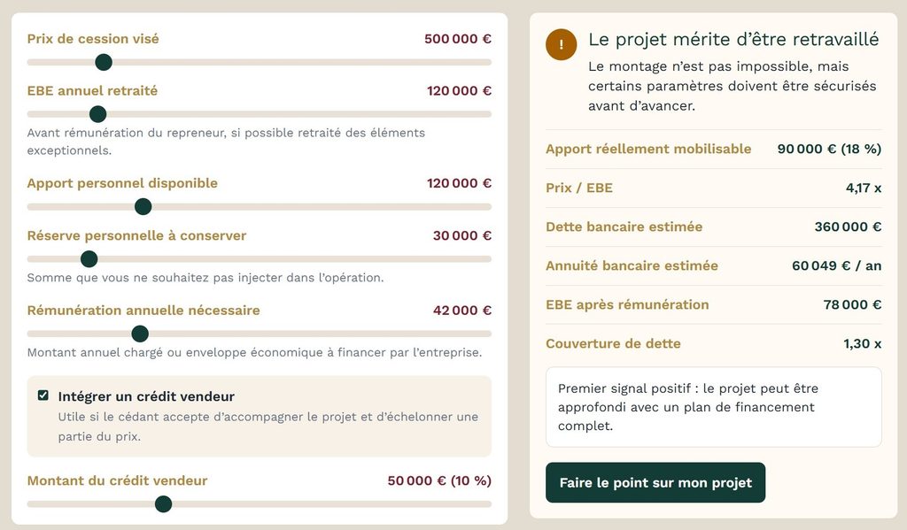 Simulateur de faisabilité d’un projet de reprise d’entreprise simulateur financement social